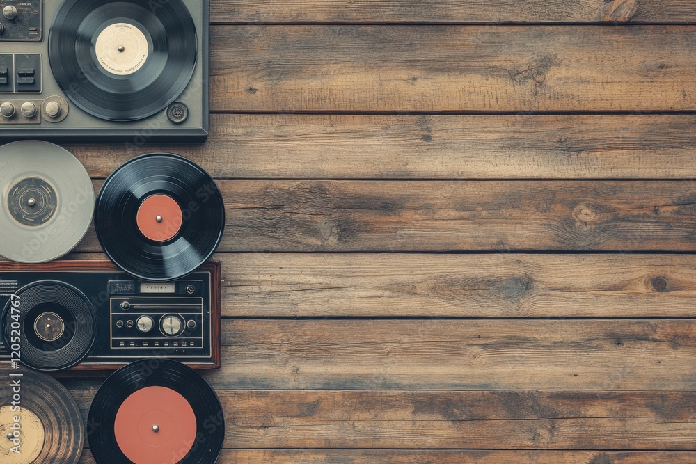 Aufkleber Vintage vinyl records arranged on a wooden surface with a classic record player and radio below. Generative AI