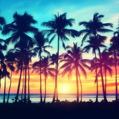 Fototapeta premium Silhouetted Palm Trees Frame a Vibrant Tropical Sunset Over a Serene Ocean Shoreline