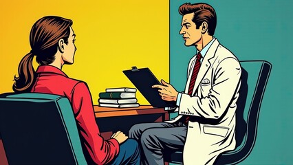A serene office setting with a psychologist holding a clipboard, asking gentle questions to a patient seated across from them, symbolizing the thoughtful process of psychological diagnosis.
