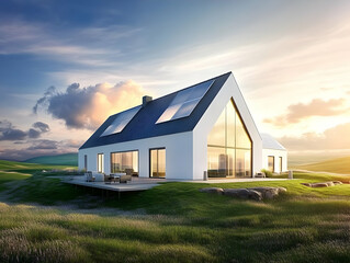 Obraz premium Modern House with Solar Panels Stands Serenely in a Green Meadow under a Sunset Sky