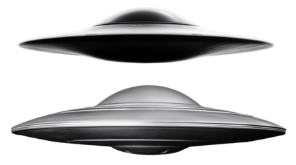 Two metallic UFO designs isolated on a transparent background, perfect for sci-fi themes