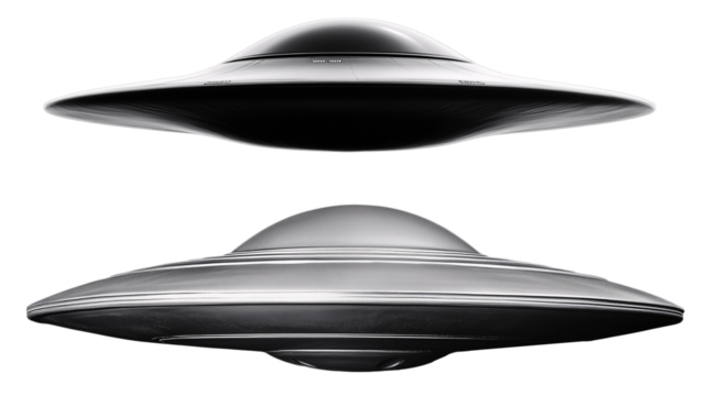 Two metallic UFO designs isolated on a transparent background, perfect for sci-fi themes - Powered by Adobe