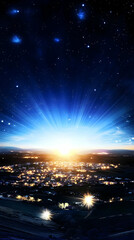 Obraz premium Illuminated Town Nestled Amidst Rolling Hills Under a Starry Night Sky with Radiant Light Beams