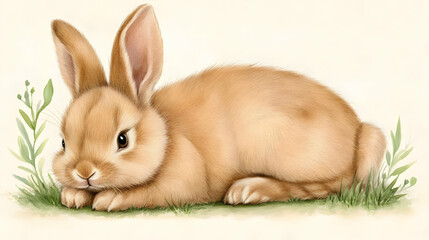 Fototapeta premium Adorable Tan Rabbit Rests Peacefully in Lush Green Grass with Grace and Tranquility