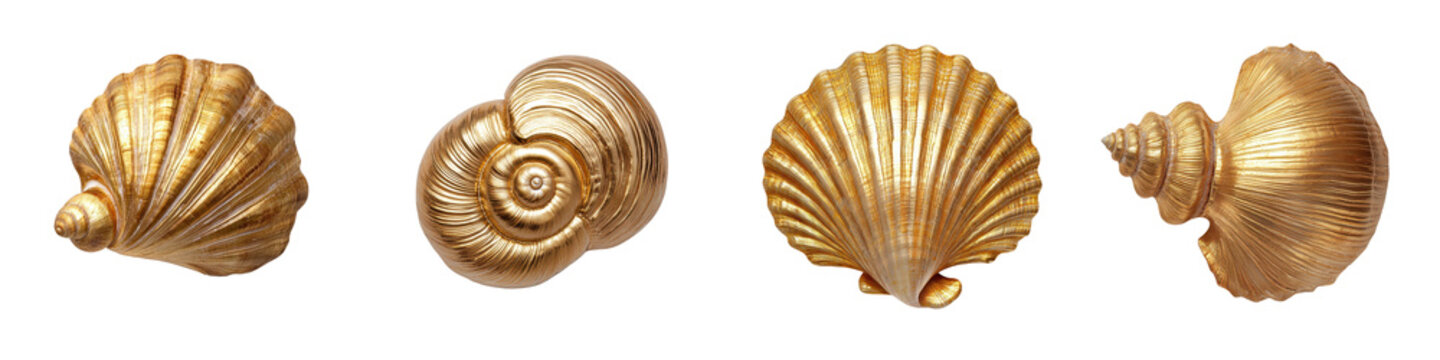 A collection of exquisite golden seashell specimens captured in close up view showcasing their intricate spiral patterns metallic textures and captivating natural beauty  These seashells