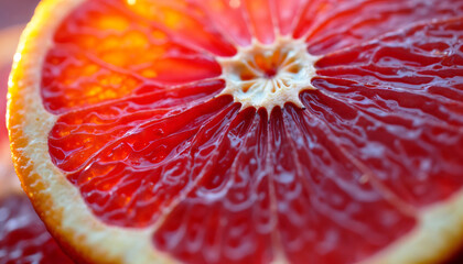 Vibrant organic blood orange slice with rich red hues and detailed texture