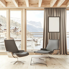 Fototapeta premium Modern Living Room Overlooks Scenic Mountain Village with Large Windows Showcasing Snowy Landscape