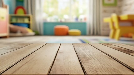 Wooden Tabletop in Blurred Children's Playroom Background