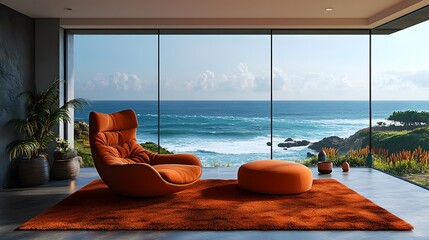 Obraz premium Contemporary 3D living room orange pastel armchair open ocean view large glass window serene vibe 8K realistic