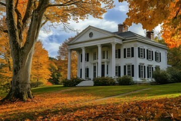 Naklejka premium A beautiful white colonial Colonial Revival house style with black shutters, surrounded by vibrant autumn foliage. The scene features a large tree with golden leaves and a well-maintained lawn.
