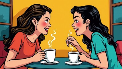 A virtual coffee date between two long-distance friends, each sipping from their mugs in their respective homes, the warmth of their friendship transcending the screen.