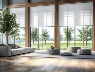 Fototapeta premium Modern living room showcases minimalist design with large windows overlooking a serene green landscape.