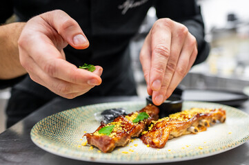 A chef skillfully garnishes a beautifully plated dish of ribs with herbs and toppings, showcasing culinary artistry in a contemporary kitchen setting.