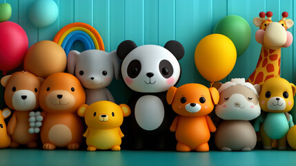 Colorful cute stuffed animals and balloons for children's nursery decor, featuring panda, giraffe, and playful design elements.