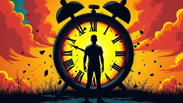 A silhouette of a person standing in front of a shattered clock with frozen hands, representing the fear of time running out and an uncertain future.