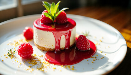 Artisanal Cheesecake with Raspberry Mirror Glaze - Handcrafted Dessert with Fresh Berries and Gold Leaf Accents