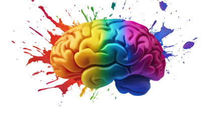 Rainbow Brain: A vibrant human brain explodes with color, showcasing a spectrum of rainbow hues that represent creativity, innovation, and the boundless potential of the human mind.