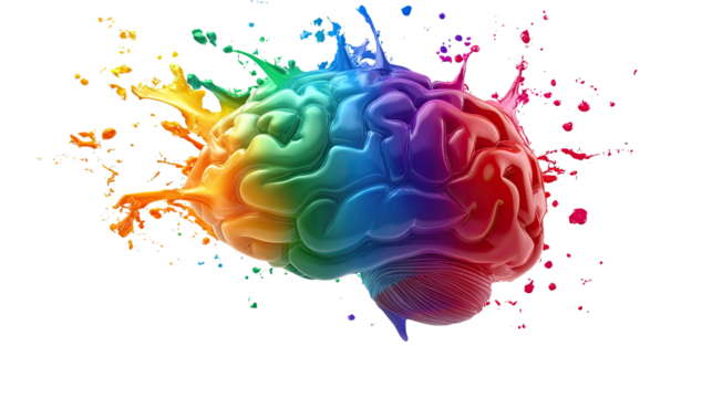 Rainbow Brain Splash: A vibrant, colorful brain explodes in a dynamic splash of rainbow hues, symbolizing creativity, innovation, and the power of ideas.  