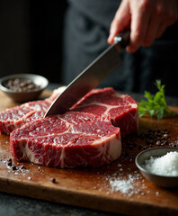 Expertly trimmed marbled ribeye steaks, captured mid-slice for precision butchery, emphasizing rich meat marbling and professional craft