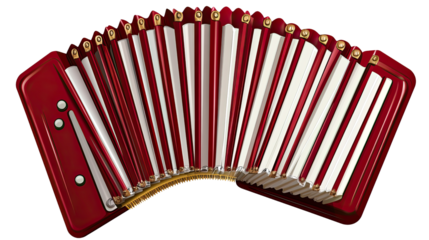 Crimson Accordion: A rich crimson accordion, meticulously detailed, is presented in a dramatic, open-fan pose, showcasing its vibrant color and intricate bellows.