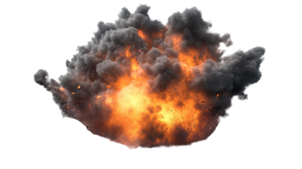 Explosive Force: A fiery explosion with billowing black smoke captures a moment of intense power and destructive energy. This photorealistic image is perfect for depicting impact, chaos.