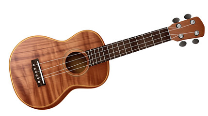 Ukulele on Display: A richly toned soprano ukulele, showcasing its beautiful wood grain and intricate detailing, rests elegantly against a clean backdrop.