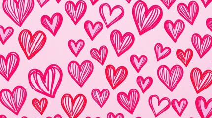 hand-drawn pink hearts seamless pattern in electric vivid colors. Detailed focus, lovely romantic background, suitable for Valentine's Day textiles, wallpapers, and banners