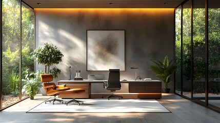 Obraz premium Contemporary office space 3D ergonomic furniture tech-integrated clean workspace 8K realistic