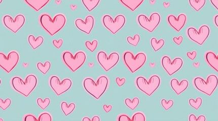 hand-drawn pink hearts seamless pattern in electric vivid colors. Detailed focus, lovely romantic background, suitable for Valentine's Day textiles, wallpapers, and banners