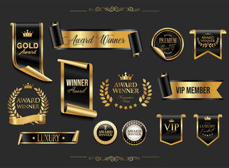 VIP, premium and gold award emblem black and gold isolated on gray background 02.eps