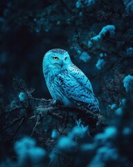 A serene owl perched on a branch in a dark, mystical forest setting.