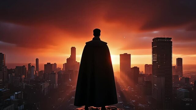 A superhero flying over a city at night, illuminated by the glow of streetlights below, heroic vigilante, protection and justice