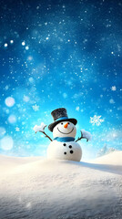 Fototapeta premium Smiling Snowman Stands in Snowy Landscape Under a Winter Sky Filled with Snowflakes