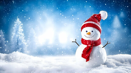 Obraz premium Snowman Wearing Red Hat and Scarf Stands in Snowy Landscape with Fir Trees and Falling Snow