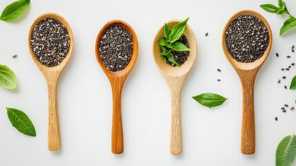 Assorted Wooden Spoons with Chia Seeds and Fresh Herbs Display
