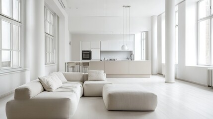 Fototapeta premium A bright, modern home with an open-plan living area featuring clean, minimalist furniture and a sleek kitchen. Neutral tones and natural light enhance the aesthetic