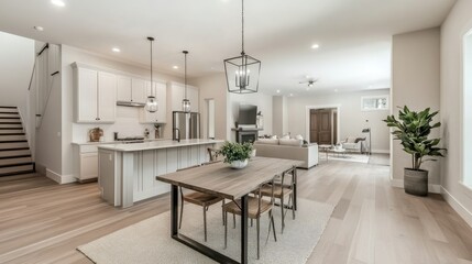 Fototapeta premium A bright, modern interior with minimalist design, neutral tones, and an open-concept layout. The spacious kitchen features clean lines and natural light