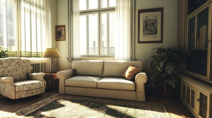 Obraz premium A comfortable living room with a cream-colored sofa, a cozy armchair, and a soft wool rug. Natural light streams through large windows