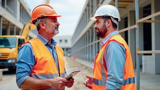 Two construction workers discussing plans on a site with machinery in the background.