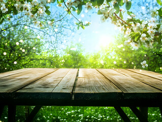 Fototapeta premium Empty Wooden Table Presents Blooming Spring Garden with White Flowers and Sunlight Gently