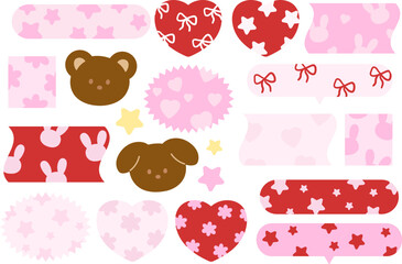 Vector illustrations of teddy bear, puppy, ribbon, heart pattern for cartoon characters, comic, text bubbles, pet shop, vet, zoo, souvenir shop, animal, text, message, chat, stickers, Valentine's Day