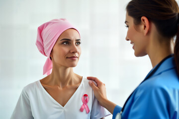 Young woman wearing pink napkin on her head and pink ribbon on a t-shirt looks at the doktor. Concept of cancer awareness.