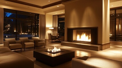 Fototapeta premium A cozy yet modern living room with a large fireplace, comfortable seating, and neutral color tones. Ambient lighting adds a warm glow to the space
