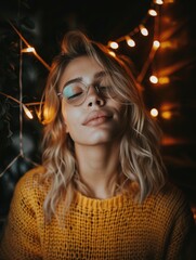 Fototapeta premium Woman with blonde hair and glasses is sitting in a yellow sweater