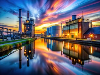Fototapeta premium Illuminated Dutch Industrial Waterways at Dusk: Long Exposure Photography