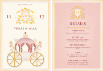Set of wedding invitation design watercolor fairytale carriage
