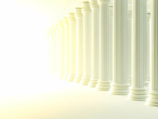 Obraz premium White columns stand tall in a bright space, reaching into a soft, illuminating light source.