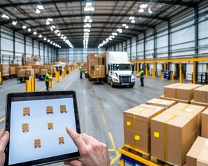 A busy warehouse scene showing workers managing inventory with tablets while trucks are loading and unloading boxes.
