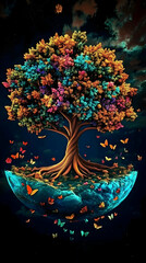 Colorful Tree Grows on a Tiny Planet with Butterflies Fluttering Around Peacefully in the Night Sky.