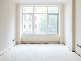 Fototapeta premium Empty Room Shows White Walls, Floor, and Large Window with City View During Renovation